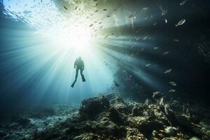 Free diver exploring a shipwreck AI Generative photo