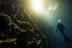 Free diver exploring a shipwreck AI Generative photo