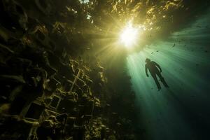 Free diver exploring a shipwreck AI Generative photo