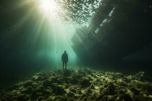 Free diver exploring a shipwreck AI Generative photo