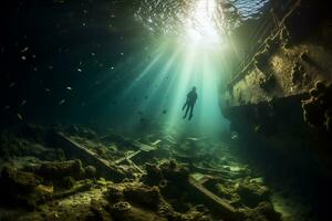 Free diver exploring a shipwreck AI Generative photo