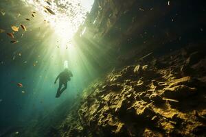 Free diver exploring a shipwreck AI Generative photo