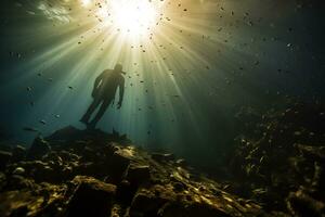 Free diver exploring a shipwreck AI Generative photo