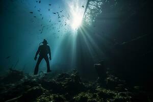 Free diver exploring a shipwreck AI Generative photo