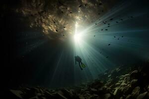 Free diver exploring a shipwreck AI Generative photo