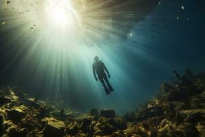 Free diver exploring a shipwreck AI Generative photo