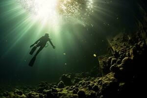 Free diver exploring a shipwreck AI Generative photo