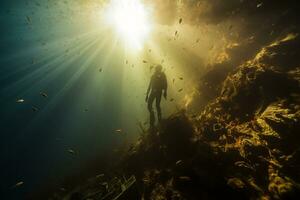 Free diver exploring a shipwreck AI Generative photo