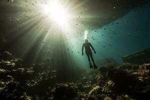 Free diver exploring a shipwreck AI Generative photo