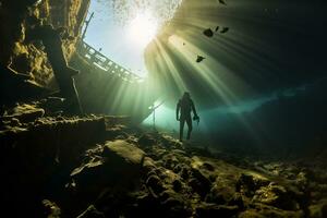 Free diver exploring a shipwreck AI Generative photo