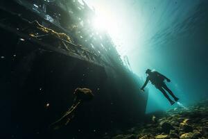Free diver exploring a shipwreck AI Generative photo