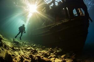 Free diver exploring a shipwreck AI Generative photo