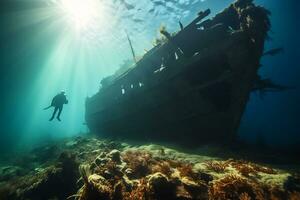 Free diver exploring a shipwreck AI Generative photo