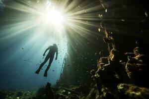 Free diver exploring a shipwreck AI Generative photo