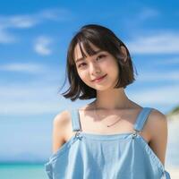 Beautiful asian girl enjoying summer in the beach AI Generative photo