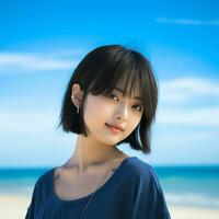 Beautiful asian girl enjoying summer in the beach AI Generative photo