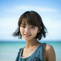 Beautiful asian girl enjoying summer in the beach AI Generative photo