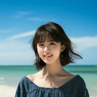 Beautiful asian girl enjoying summer in the beach AI Generative photo