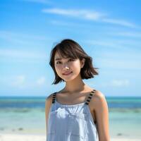 Beautiful asian girl enjoying summer in the beach AI Generative photo