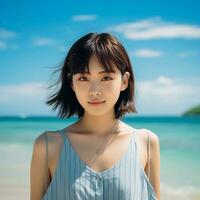 Beautiful asian girl enjoying summer in the beach AI Generative photo