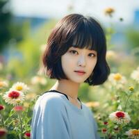 Beautiful asian girl in flower garden AI Generative photo