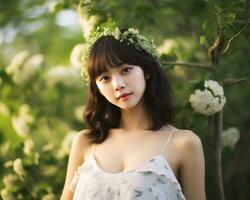 Beautiful asian girl in flower garden AI Generative photo