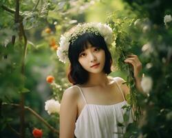 Beautiful asian girl in flower garden AI Generative photo