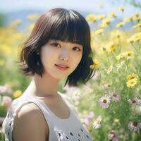 Beautiful asian girl in flower garden AI Generative photo