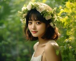 Beautiful asian girl in flower garden AI Generative photo