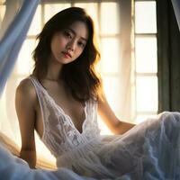 asian gril in lace dress Radiating natural beauty in the early morning AI Generative photo