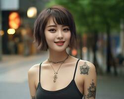 Cheerful korean girl with tattoo Smiling to camera AI Generative photo
