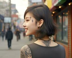 alegre coreano niña con tatuaje sonriente a cámara ai generativo foto