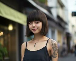 Cheerful korean girl with tattoo Smiling to camera AI Generative photo