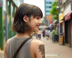 Cheerful korean girl with tattoo Smiling to camera AI Generative photo