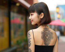 Cheerful korean girl with tattoo Smiling to camera AI Generative photo