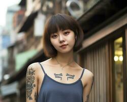 Cheerful korean girl with tattoo Smiling to camera AI Generative photo