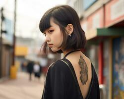 Cheerful korean girl with tattoo Smiling to camera AI Generative photo