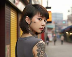 Cheerful korean girl with tattoo Smiling to camera AI Generative photo