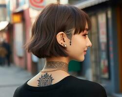 Cheerful korean girl with tattoo Smiling to camera AI Generative photo