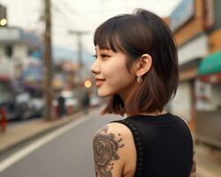 Cheerful korean girl with tattoo Smiling to camera AI Generative photo