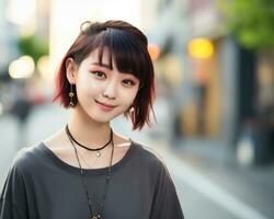 Cheerful korean girl with tattoo Smiling to camera AI Generative photo