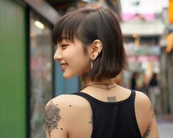 alegre coreano niña con tatuaje sonriente a cámara ai generativo foto