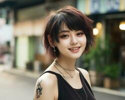 Cheerful korean girl with tattoo Smiling to camera AI Generative photo