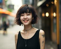 Cheerful korean girl with tattoo Smiling to camera AI Generative photo