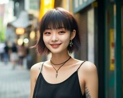 Cheerful korean girl with tattoo Smiling to camera AI Generative photo