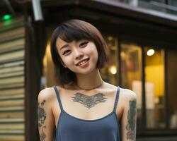alegre coreano niña con tatuaje sonriente a cámara ai generativo foto