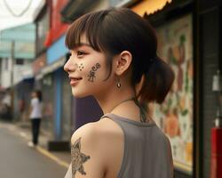 alegre coreano niña con tatuaje sonriente a cámara ai generativo foto