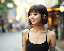 Cheerful korean girl with tattoo Smiling to camera AI Generative photo