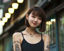 Cheerful korean girl with tattoo Smiling to camera AI Generative photo