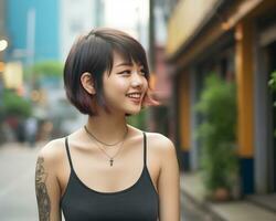 Cheerful korean girl with tattoo Smiling to camera AI Generative photo